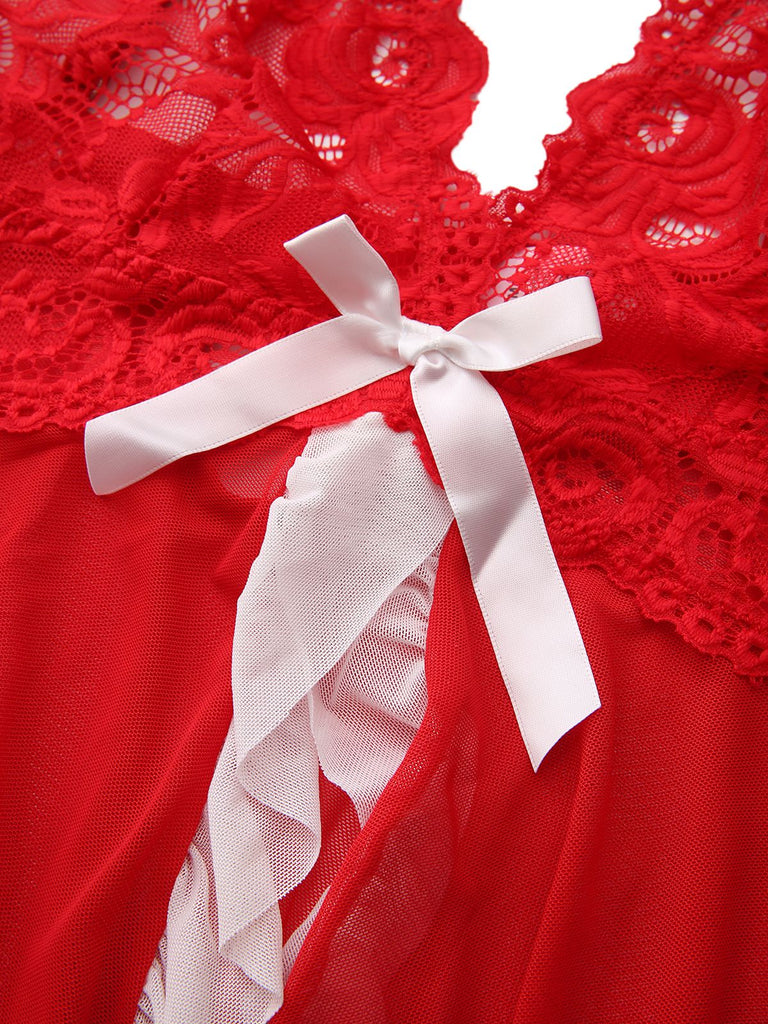 Red 1960s Lace Slip Nightgown Set - vintage nightgown, retro sleepwear, elegant red