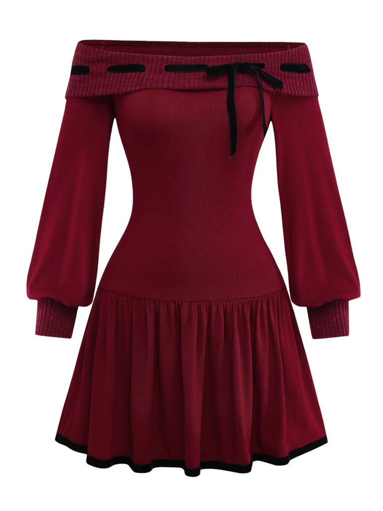 Red 1960s Off-Shoulder Bow Knit Lantern Sleeve Dress, vintage dress, retro fashion - perfect for women who love vintage and retro fashion