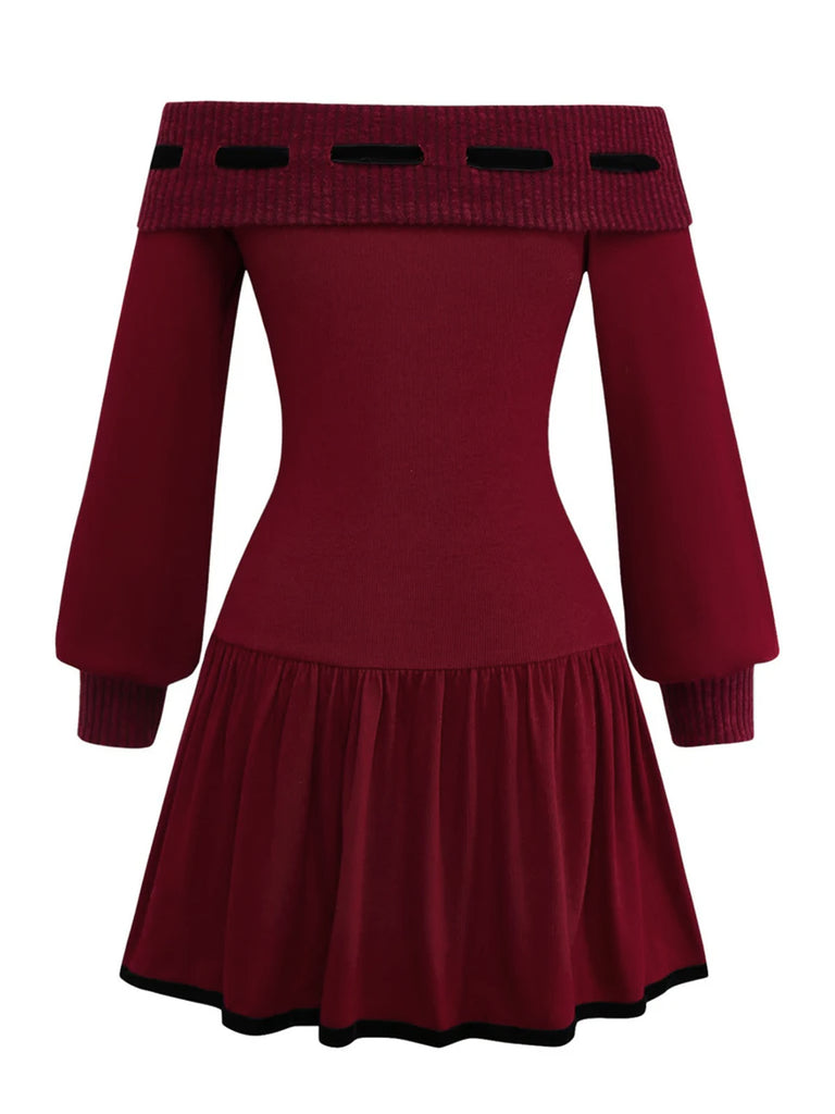 Red 1960s Off-Shoulder Bow Knit Lantern Sleeve Dress, vintage dress, retro fashion - perfect for women who love vintage and retro fashion