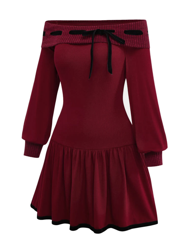 Red 1960s Off-Shoulder Bow Knit Lantern Sleeve Dress, vintage dress, retro fashion - perfect for women who love vintage and retro fashion