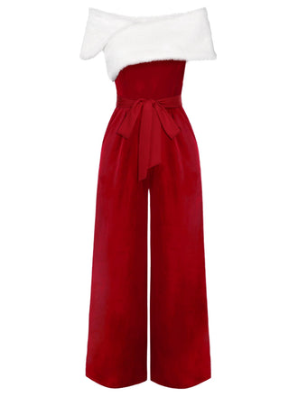 She finds her 1960s story in this Red 1960s Off-Shoulder Faux Fur Velvet Jumpsuit