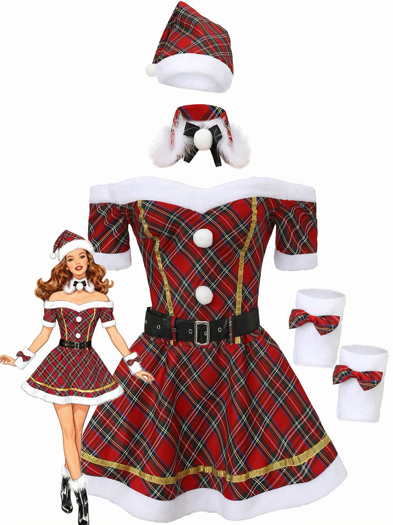 Red 1960s Off-Shoulder Plaid Christmas Dress Set - vintage dress, retro fashion, elegant red