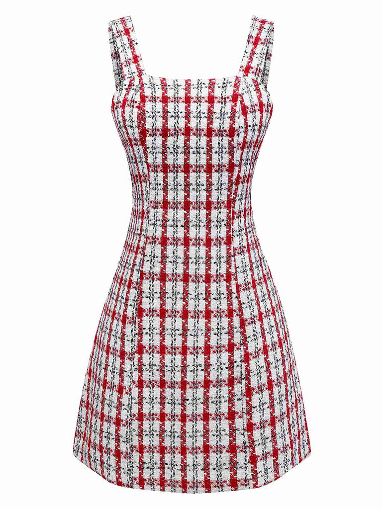 Red 1960s Plaid Tweed Vest Dress - vintage dress, retro fashion, elegant red
