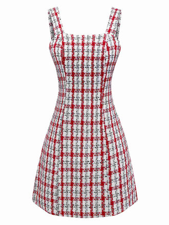 Red 1960s Plaid Tweed Vest Dress - vintage dress, retro fashion, elegant red