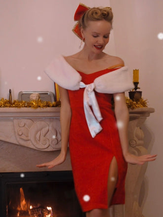 She slips into this Red 1960s Plush Bow Pencil Dress With Cape and suddenly it's a 1960s daydream