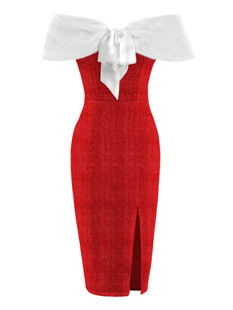 Red 1960s Plush Bow Pencil Dress With Cape - vintage dress, retro fashion, elegant red