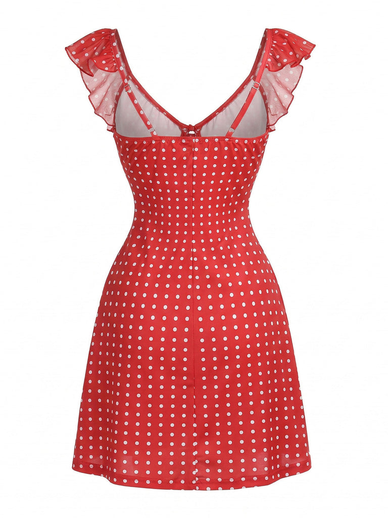 Red 1960s V-Neck Ruffle Swing Dress 3