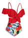 Red 1960s Ruffle Sleeves Tropical Plant Swimsuit: 1960s Riviera elegance, reimagined for her