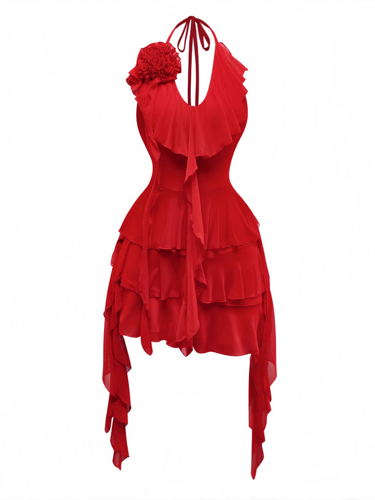 Red 1960s Ruffled 3D Floral Lace-Up Halter Dress, vintage dress, retro fashion, floral print, lace detail - perfect for women who love vintage and retro fashion