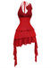 Red 1960s Ruffled 3D Floral Lace-Up Halter Dress, vintage dress, retro fashion, floral print, lace detail - perfect for women who love vintage and retro fashion