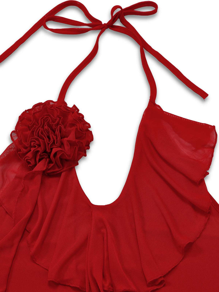 Red 1960s Ruffled 3D Floral Lace-Up Halter Dress, vintage dress, retro fashion, floral print, lace detail - perfect for women who love vintage and retro fashion