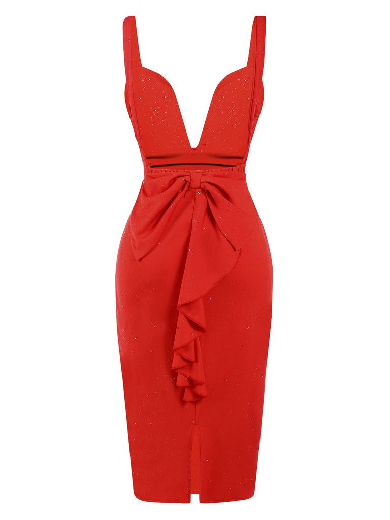 Red 1960s Ruffled Open Back Suspender Dress, vintage dress, retro fashion - perfect for women who love vintage and retro fashion