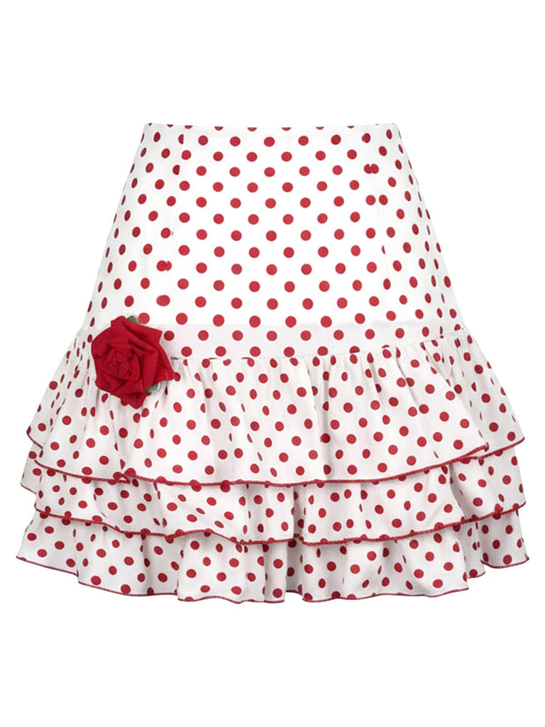 Red 1960s Ruffled Polka Dot Rose Mini Skirt - vintage skirt, retro style, elegant red