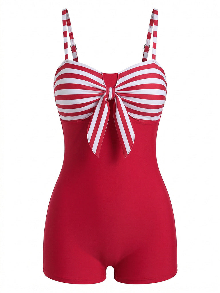 Red 1960s Bow Striped One-Piece Swimsuit - vintage swimsuit, pin-up swimwear for vintage lovers