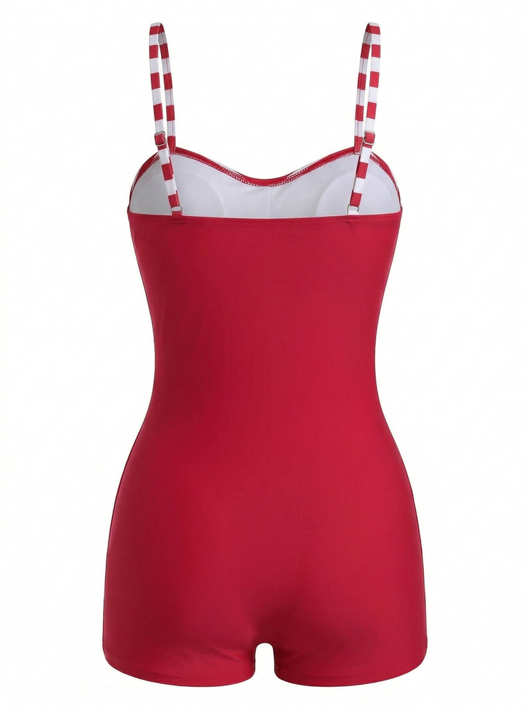Red 1960s Bow Striped One-Piece Swimsuit - vintage swimsuit, pin-up swimwear for vintage lovers