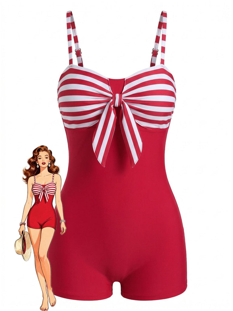 Red 1960s Bow Striped One-Piece Swimsuit - vintage swimsuit, pin-up swimwear for vintage lovers