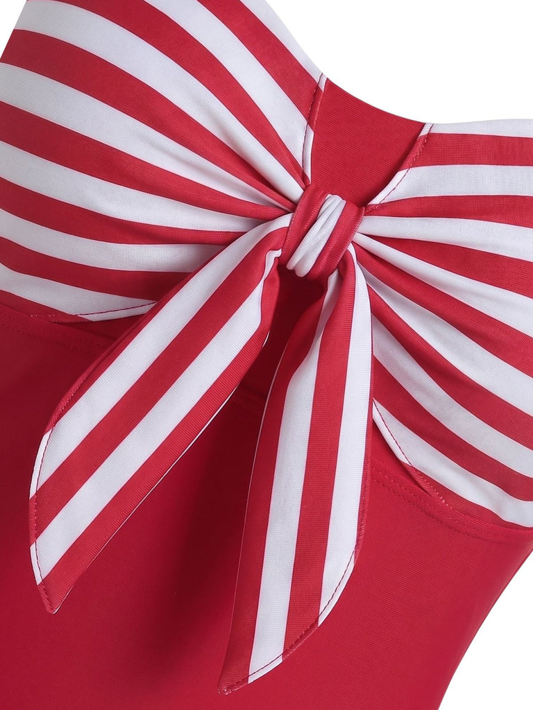 Red 1960s Bow Striped One-Piece Swimsuit - vintage swimsuit, pin-up swimwear for vintage lovers