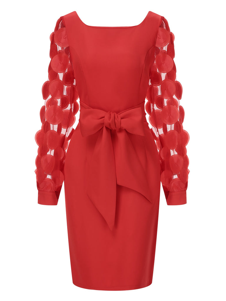 She slips into this Red 1960s Solid Bow 3D Flowers Mesh Dress and suddenly it's a 1960s daydream