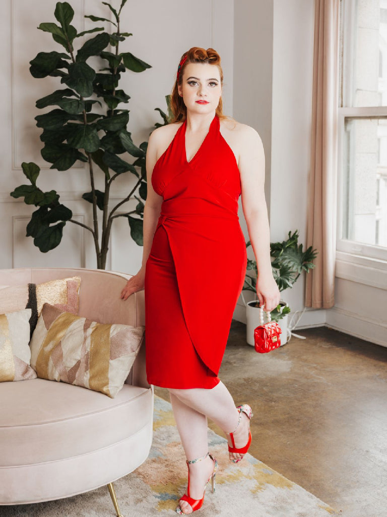 Red 1960s Solid Halter Bodycon Dress — vintage elegance for the modern woman