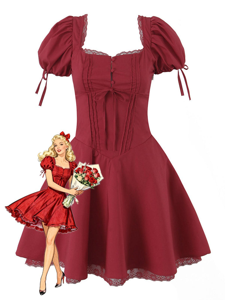 Red 1960s Solid Puff Sleeve Lace-up Dress - vintage dress, retro fashion, elegant red