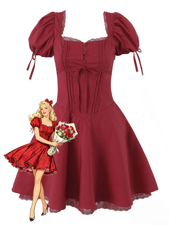 Red 1960s Solid Puff Sleeve Lace-up Dress - vintage dress, retro fashion, elegant red