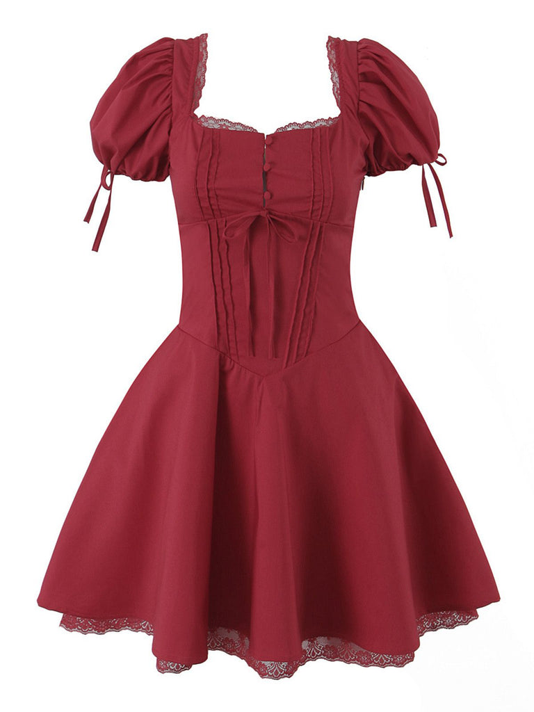 Red 1960s Solid Puff Sleeve Lace-up Dress - vintage dress, retro fashion, elegant red