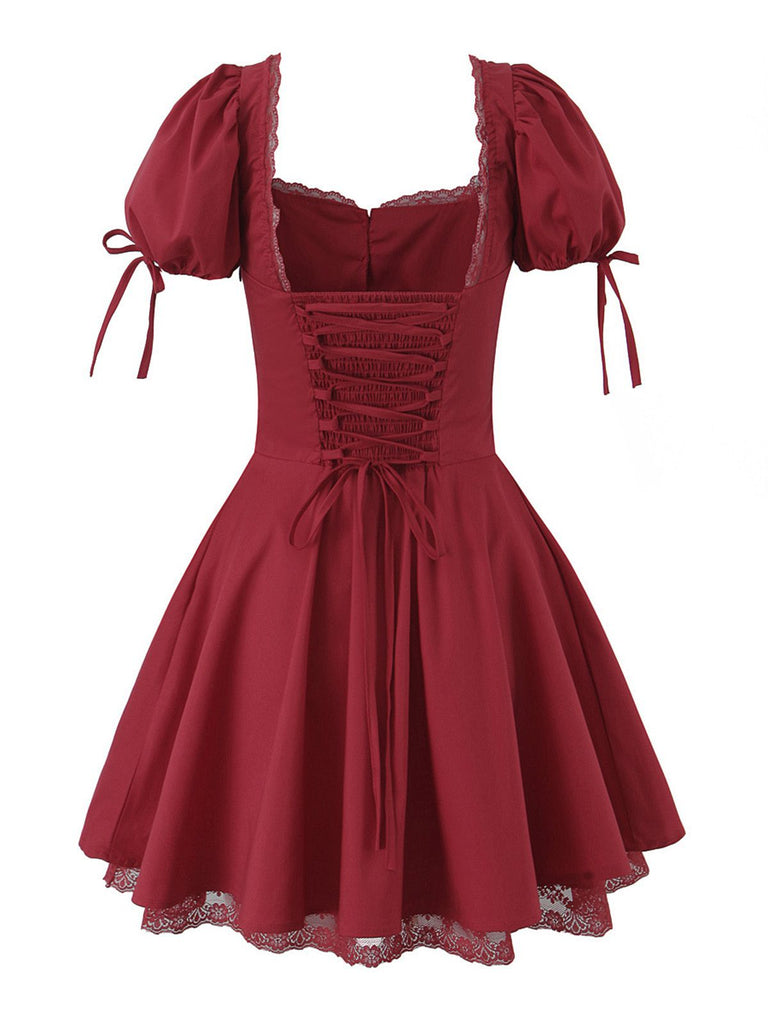 Red 1960s Solid Puff Sleeve Lace-up Dress - vintage dress, retro fashion, elegant red