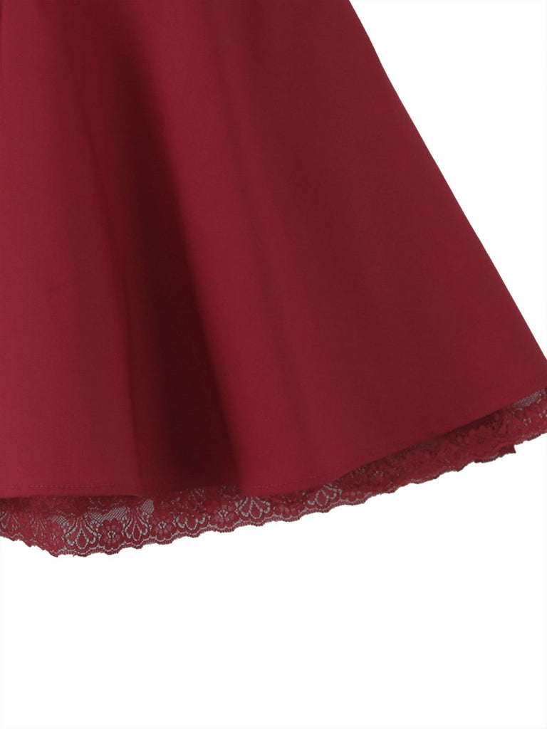 Red 1960s Solid Puff Sleeve Lace-up Dress - vintage dress, retro fashion, elegant red
