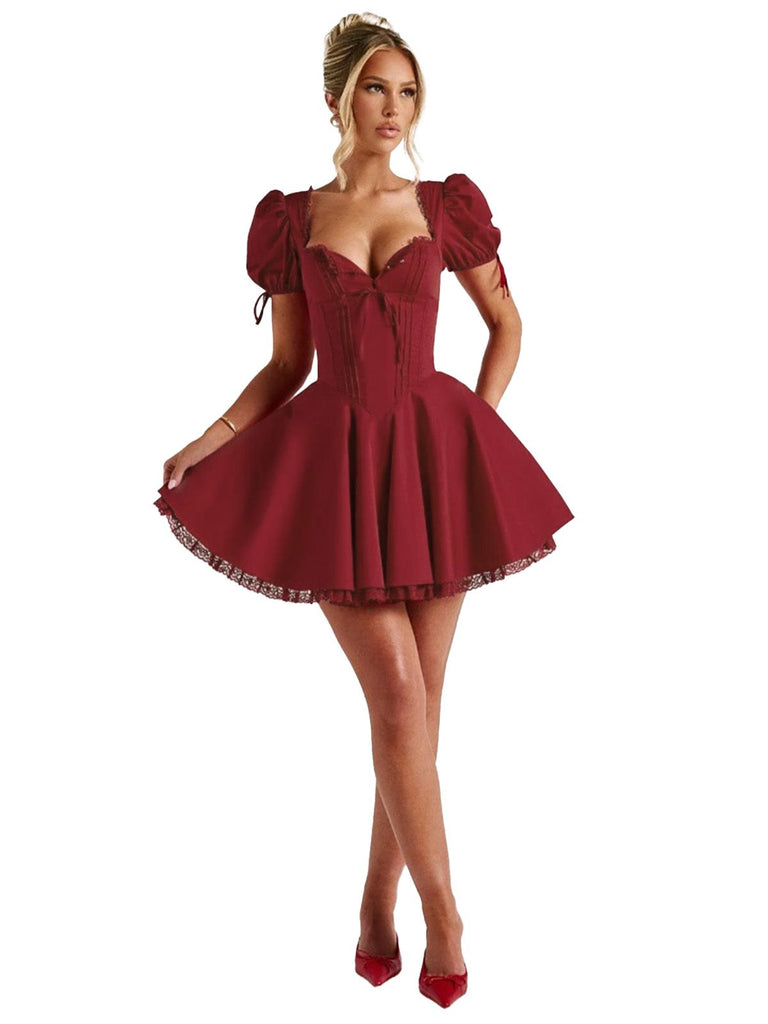 Red 1960s Solid Puff Sleeve Lace-up Dress - vintage dress, retro fashion, elegant red