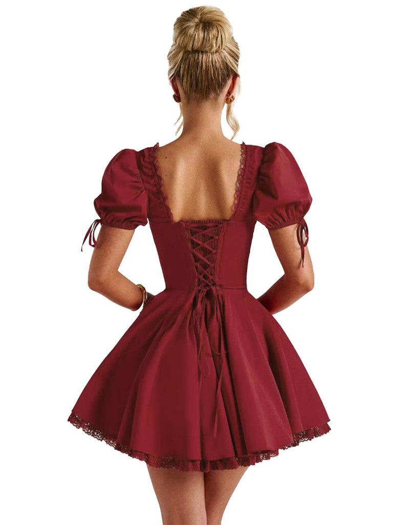 Red 1960s Solid Puff Sleeve Lace-up Dress - vintage dress, retro fashion, elegant red