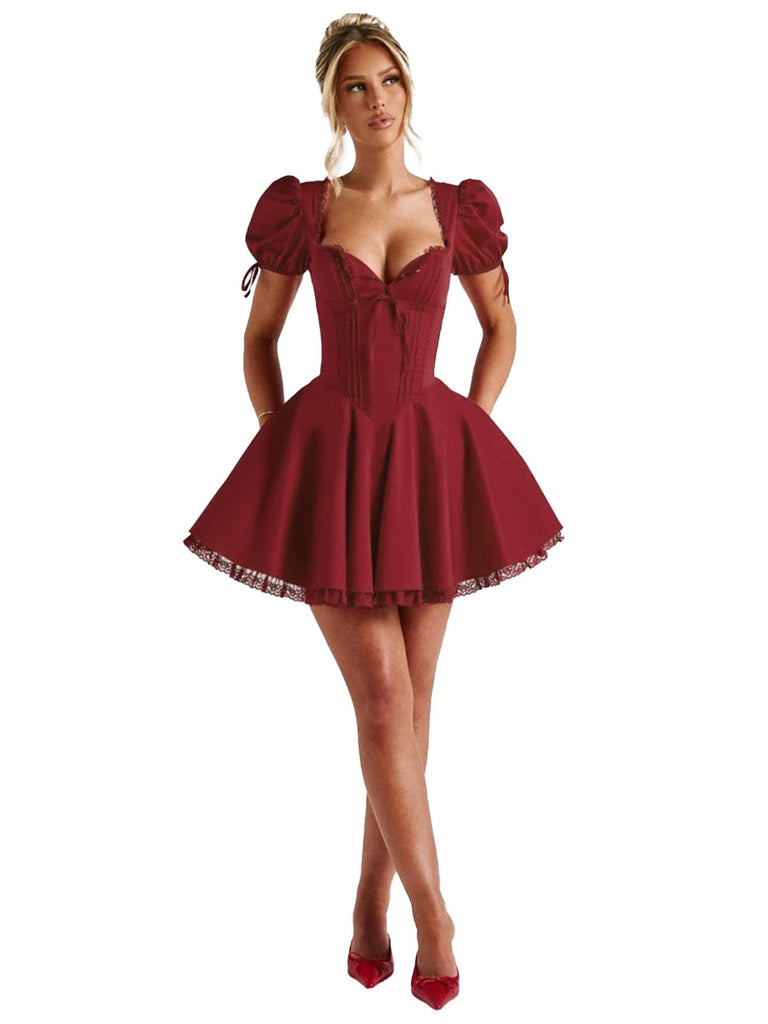 Red 1960s Solid Puff Sleeve Lace-up Dress - vintage dress, retro fashion, elegant red