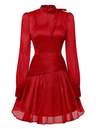 Red 1960s Solid Ruched Tie Neck Long Sleeve Dress - vintage dress, retro fashion, elegant red