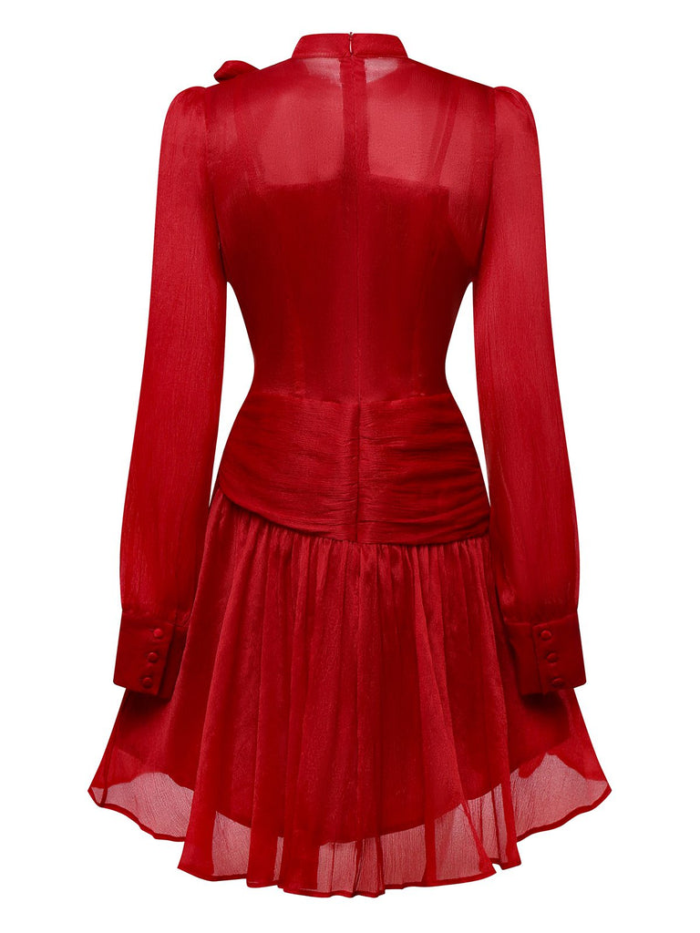 Red 1960s Solid Ruched Tie Neck Long Sleeve Dress - vintage dress, retro fashion, elegant red