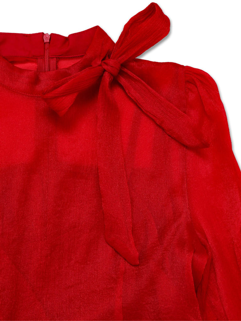 Red 1960s Solid Ruched Tie Neck Long Sleeve Dress - vintage dress, retro fashion, elegant red