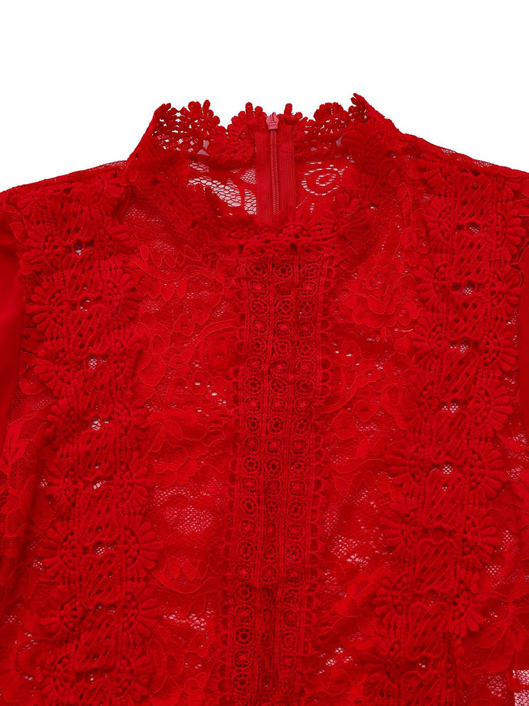Red 1960s Solid Sheer Lace Long Sleeve Jumpsuit - vintage jumpsuit, retro fashion, elegant red