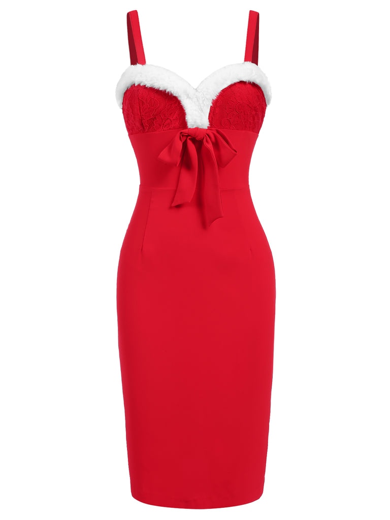 Red 1960s Spaghetti Strap Christmas Plush Lace Dress, vintage dress, retro fashion, lace detail - perfect for women who love vintage and retro fashion