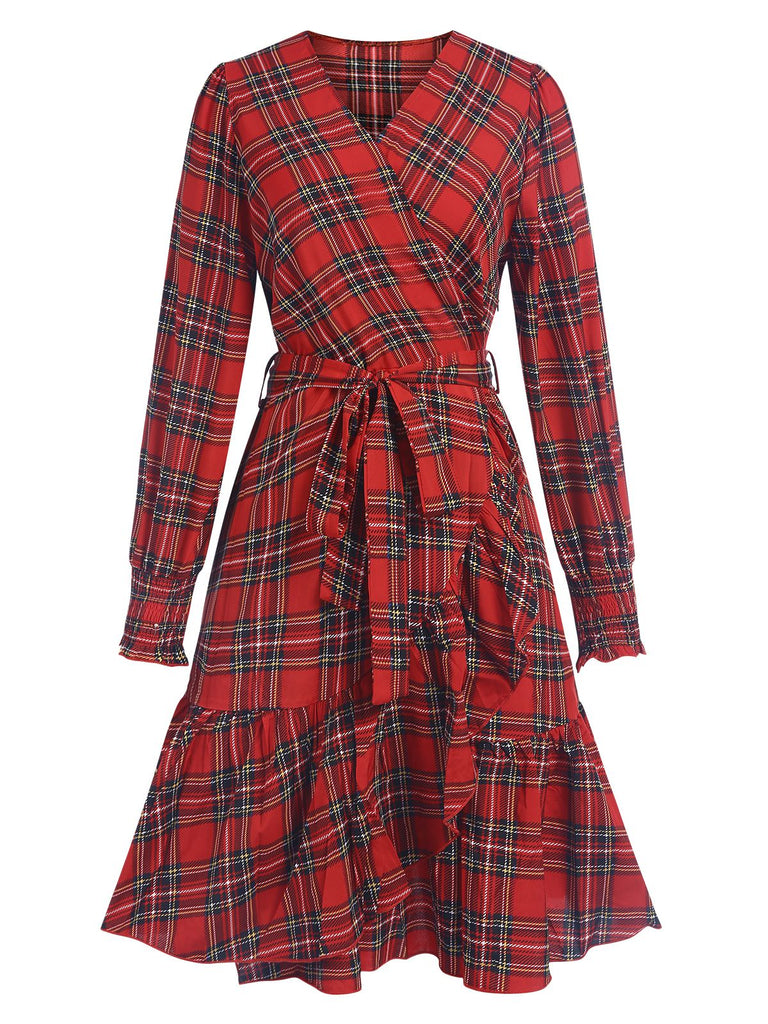 She slips into this Red 1960s Tartan Plaids Ruffle Hem Belted Dress and suddenly it's a 1960s daydream