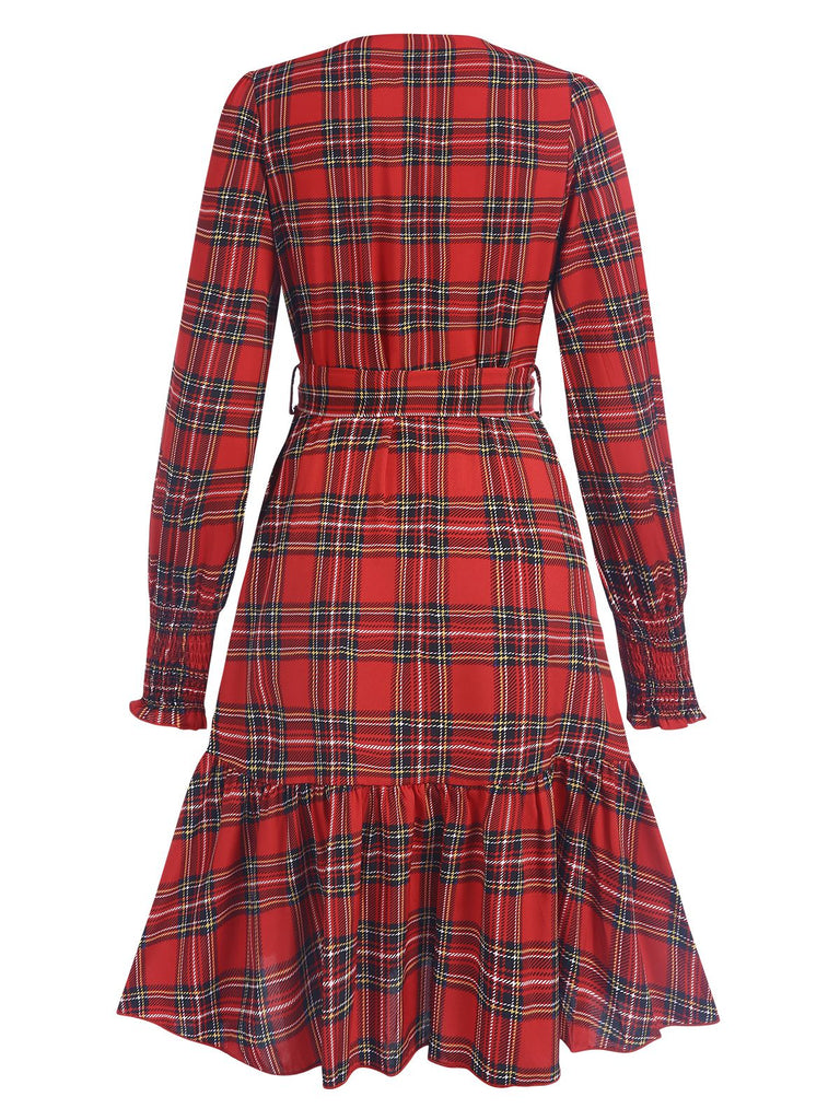 This Red 1960s Tartan Plaids Ruffle Hem Belted Dress wraps her in 1960s elegance, one twirl at a time