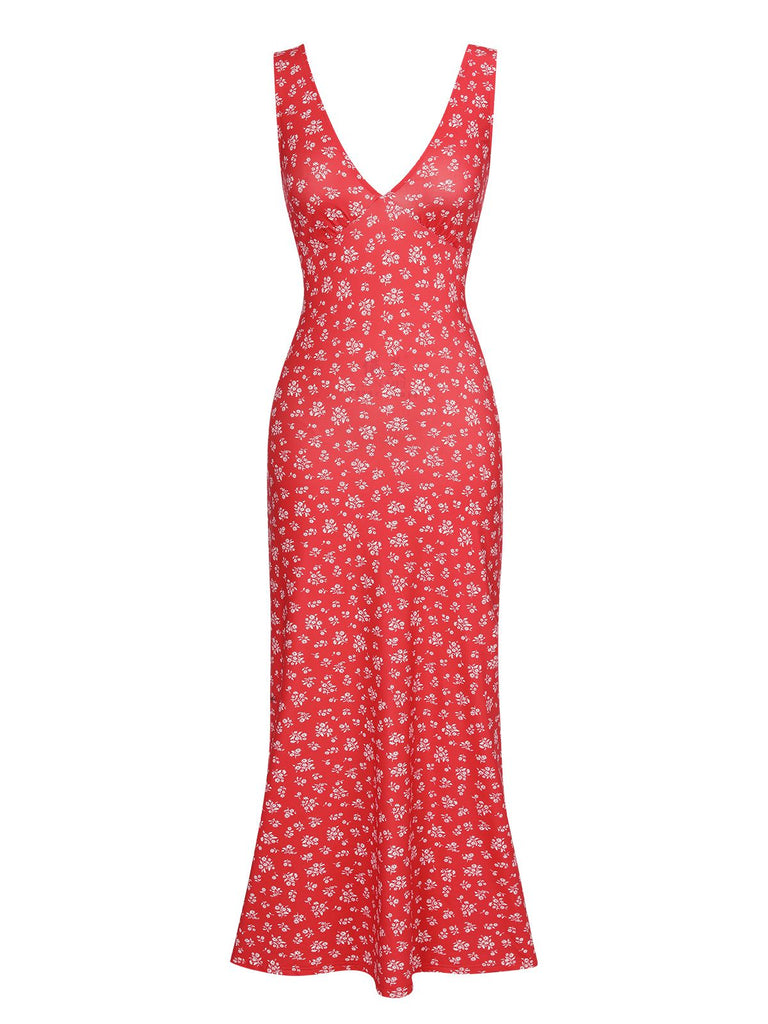 She slips into this Red 1960s V-Neck Ditsy Floral Dress and suddenly it's a 1960s daydream