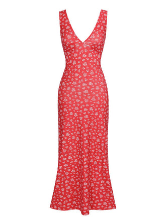 She slips into this Red 1960s V-Neck Ditsy Floral Dress and suddenly it's a 1960s daydream
