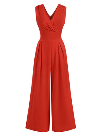 She finds her 1960s story in this Red 1960s V-Neck Sleeveless Wide Leg Jumpsuit