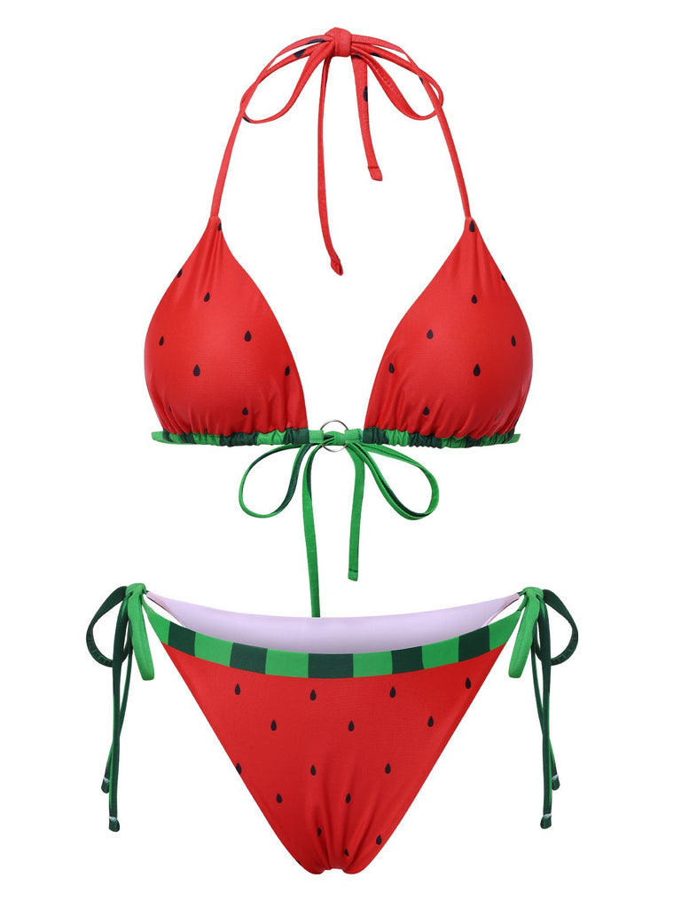 Red 1960s Watermelon Bow Tie Bikini Set, vintage swimsuit, pin-up swimwear - perfect for women who love vintage and retro fashion