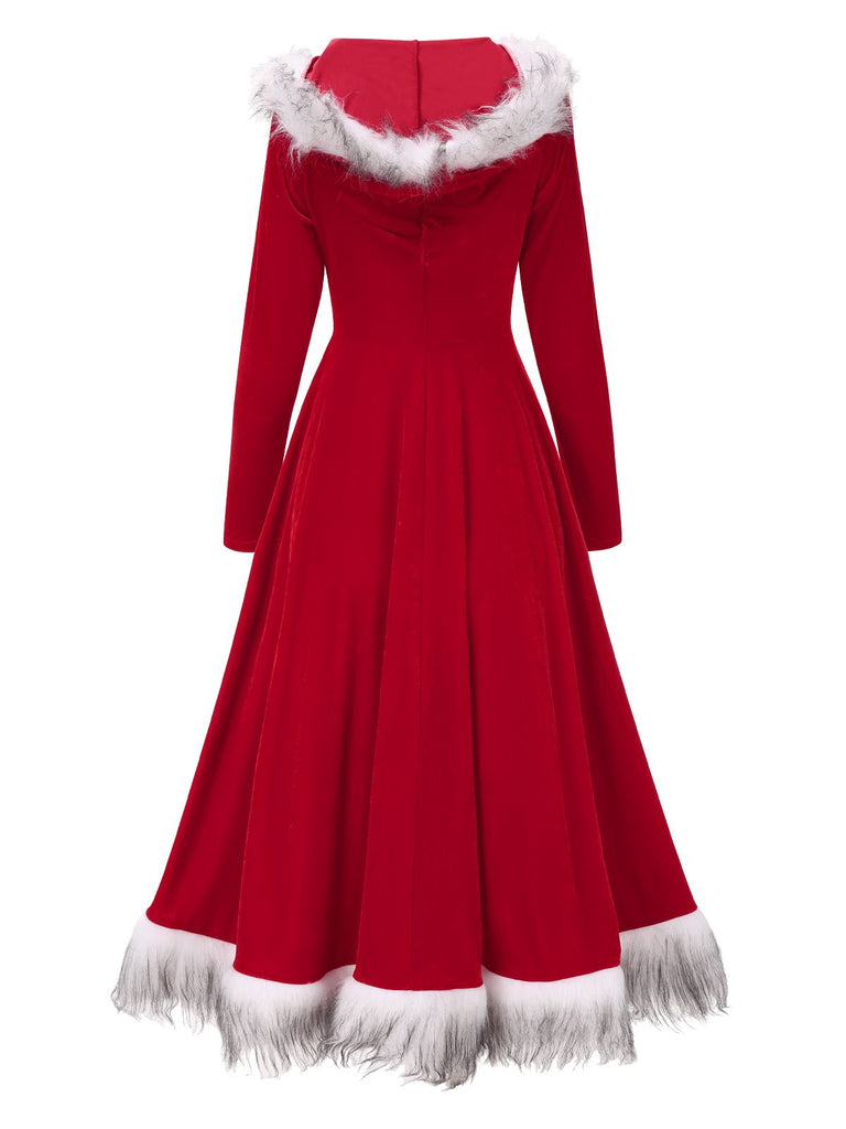 Red 1970s Christmas Fur Hooded Dress, vintage dress, retro fashion - perfect for women who love vintage and retro fashion