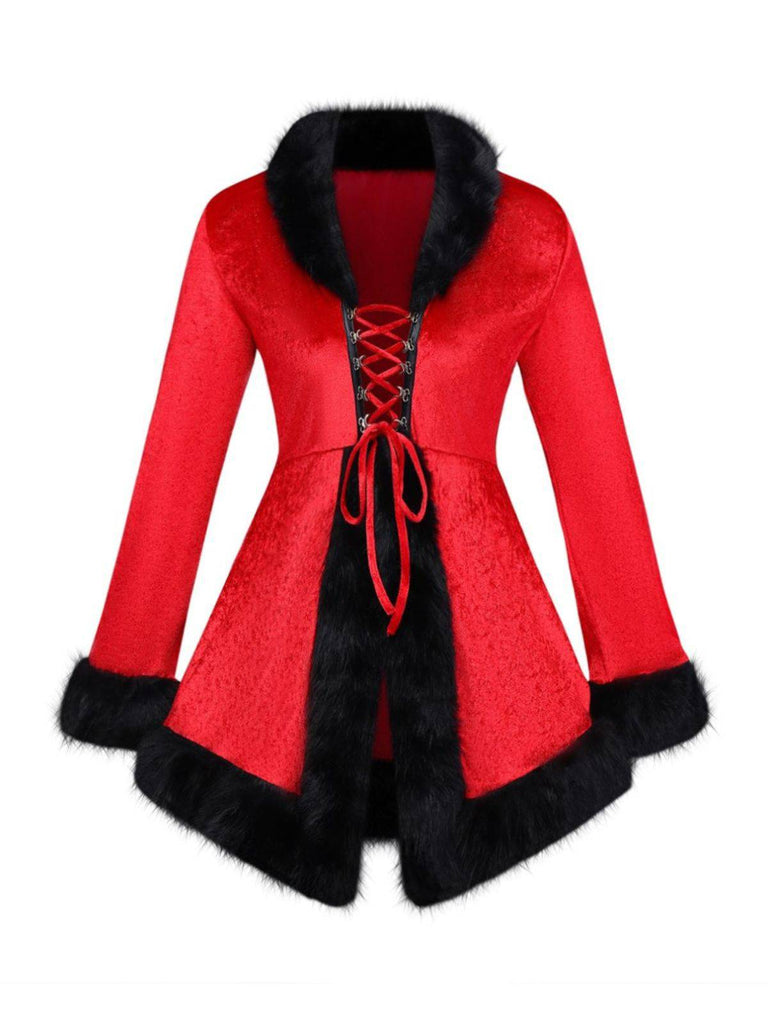 Red 1970s Christmas Fur-Trim Lace Up Velvet Dress - vintage dress, retro fashion, elegant red