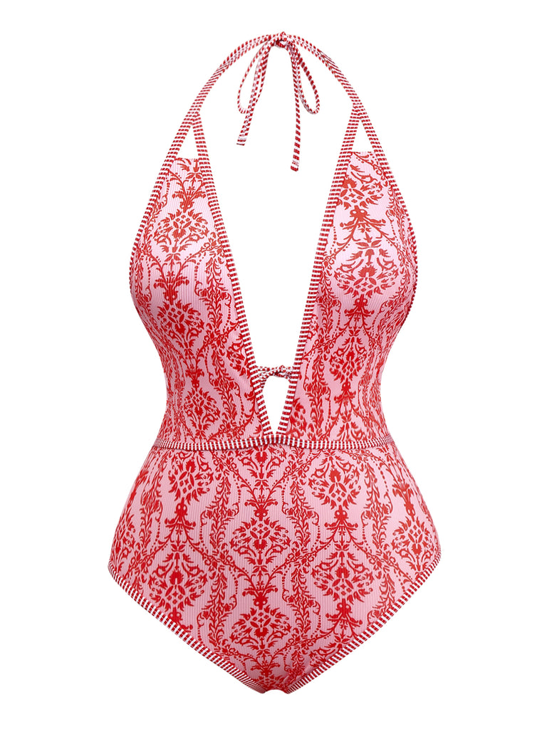 She's wearing Red 1970s Deep V-Neck Halter Baroque Prints Swimsuit and the whole beach remembers the 1970s