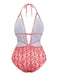 Red 1970s Deep V-Neck Halter Baroque Prints Swimsuit: 1970s Riviera elegance, reimagined for her