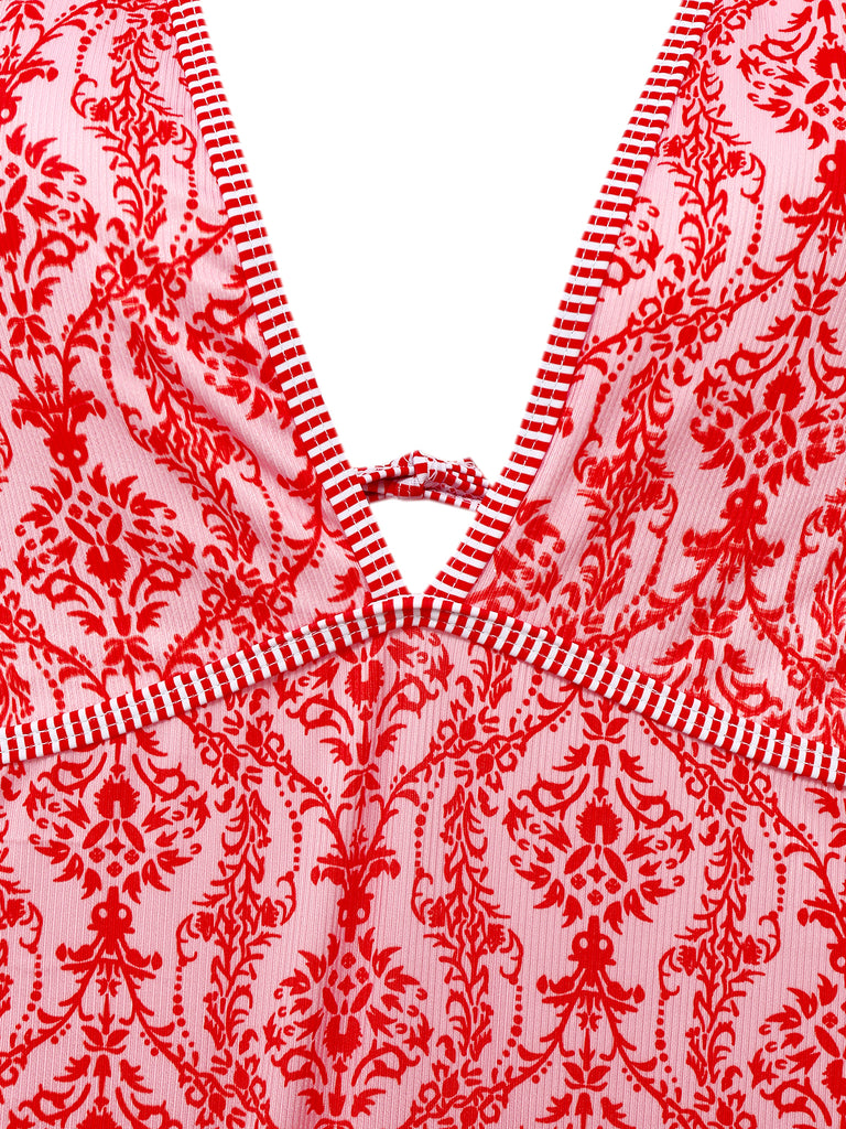 Red 1970s Deep V-Neck Halter Baroque Prints Swimsuit — because 1970s glamour never goes out of style