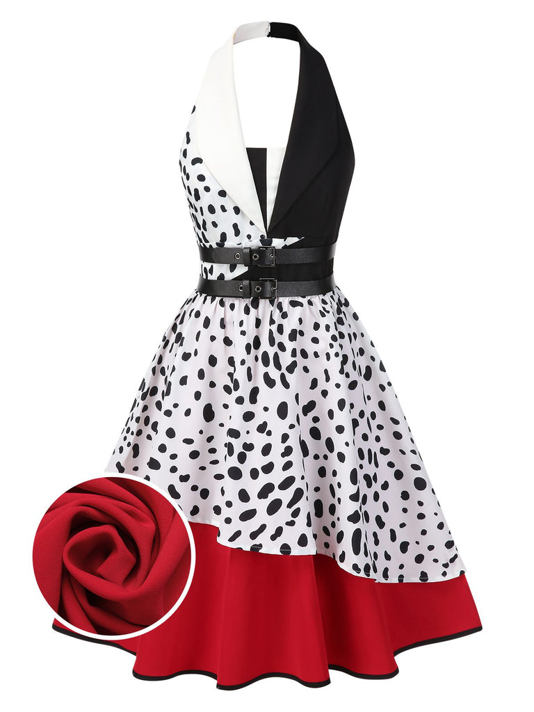 Red 1970s Irregular Contrast Halter Dalmatian Dress, vintage dress, retro fashion - perfect for women who love vintage and retro fashion