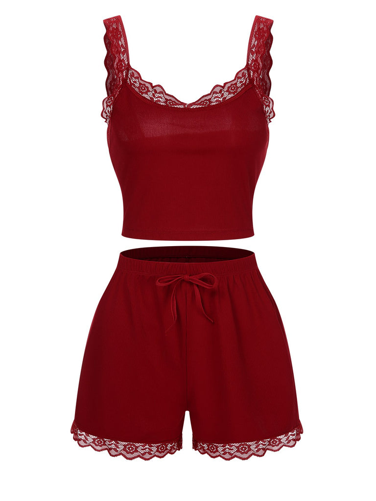 Red 1970s Lace Trimmed Straps Pajamas, vintage pajamas, retro nightwear - perfect for women who love vintage and retro fashion