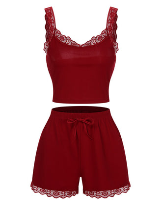 Red 1970s Lace Trimmed Straps Pajamas, vintage pajamas, retro nightwear - perfect for women who love vintage and retro fashion